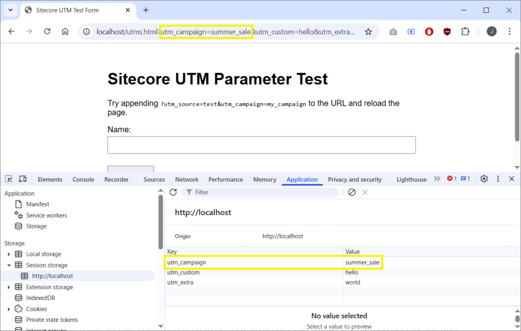 UTM values stored in Chrome sessionStorage during Sitecore form test.
