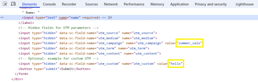 Screenshot of Sitecore hidden field UTM parameters.
