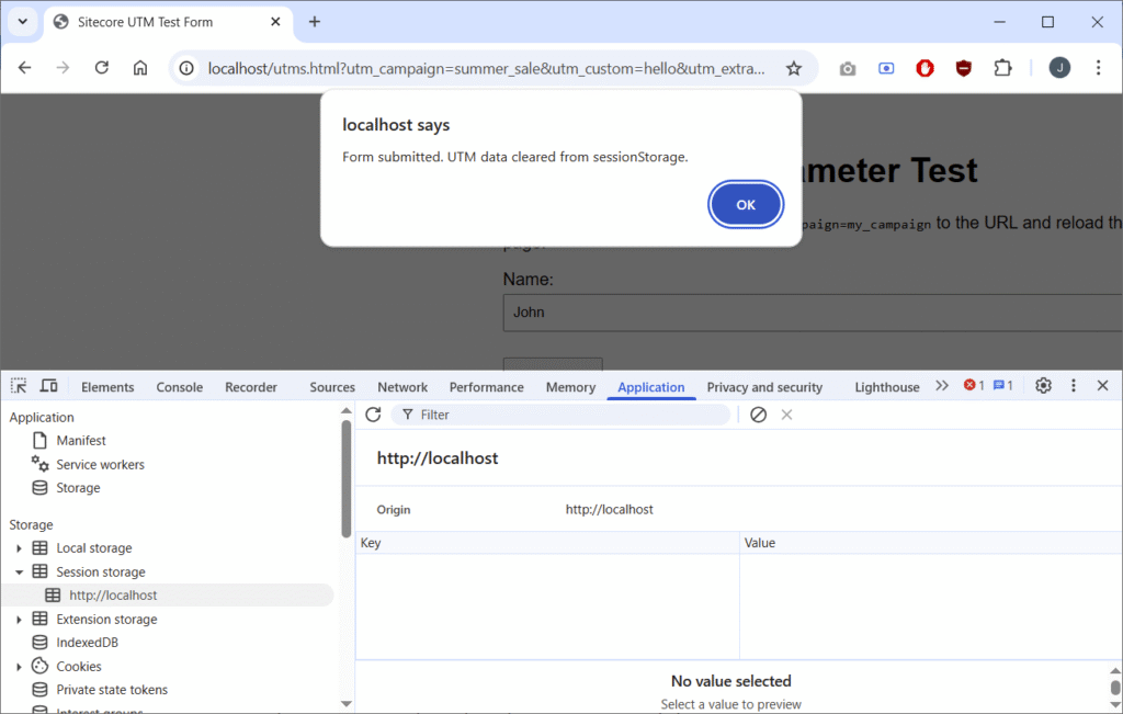 Screenshot of browser having cleared UTM parameters from session storage.