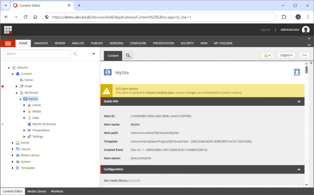 Sitecore's Content Editor with a path open that a module.json file denotes is serialised. A yellow banner reflects that status and displays a message to the user.