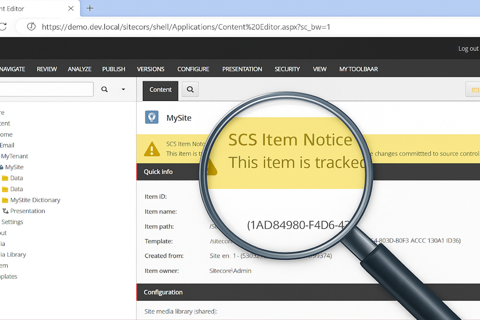 A magnifying glass over Sitecore's yellow serialisation banner.