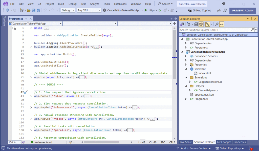 A screenshot shows code from the C# Cancellation Tokens In-Depth demo project.