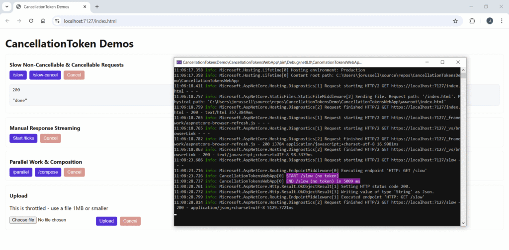 A screenshot showing the Cancellation Token Demos webpage loaded in Chrome, with the CMD debug terminal on top. Notable outputs are highlighted in pink.