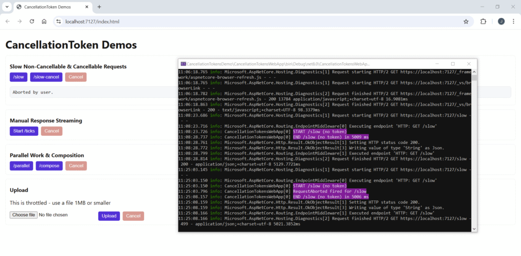 Screenshot of demo webpage and terminal, showing that clicking the Cancel button has no effect on execution time.