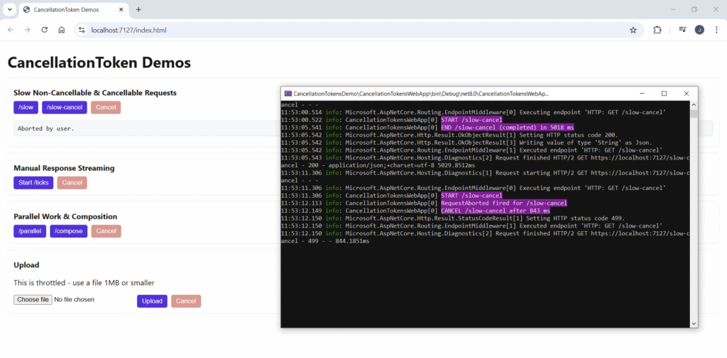 Screenshot of demo webpage and terminal, showing that clicking the Cancel button this time causes the asynchronous task to exit immediately.