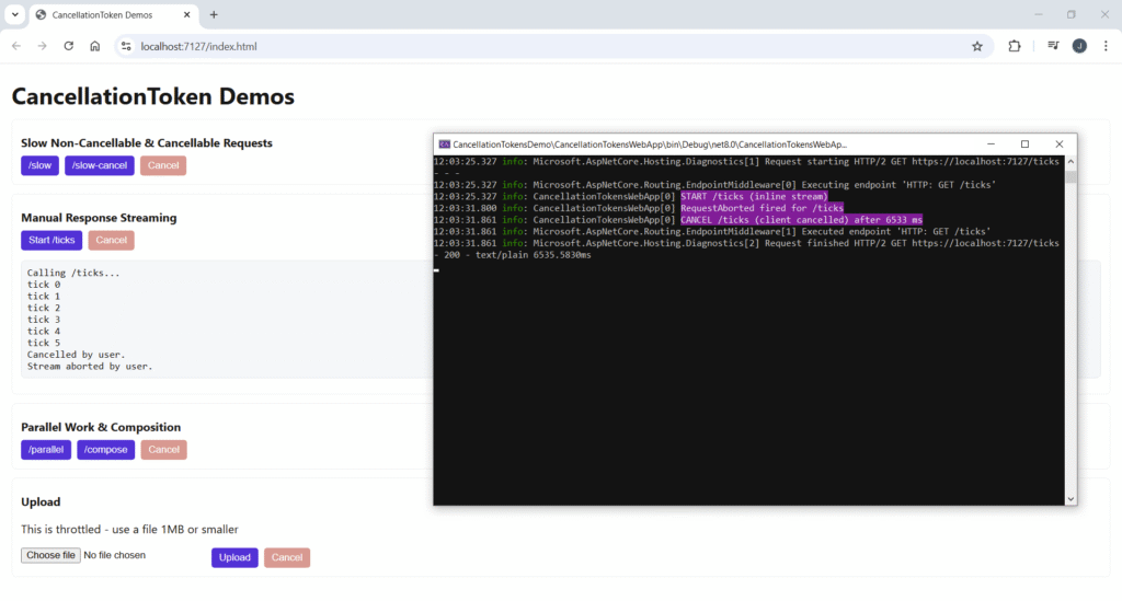 Screenshot of demo webpage and terminal, showing that clicking the Cancel button when streaming live data to the browser stops immediately when a CancellationToken in C# is used.