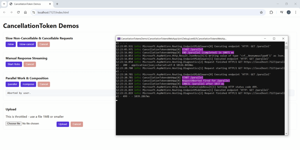 Screenshot of demo webpage and terminal, showing a parallel run of tasks. A first requests shows a run to completion and the second with user cancellation, which exits immediately.