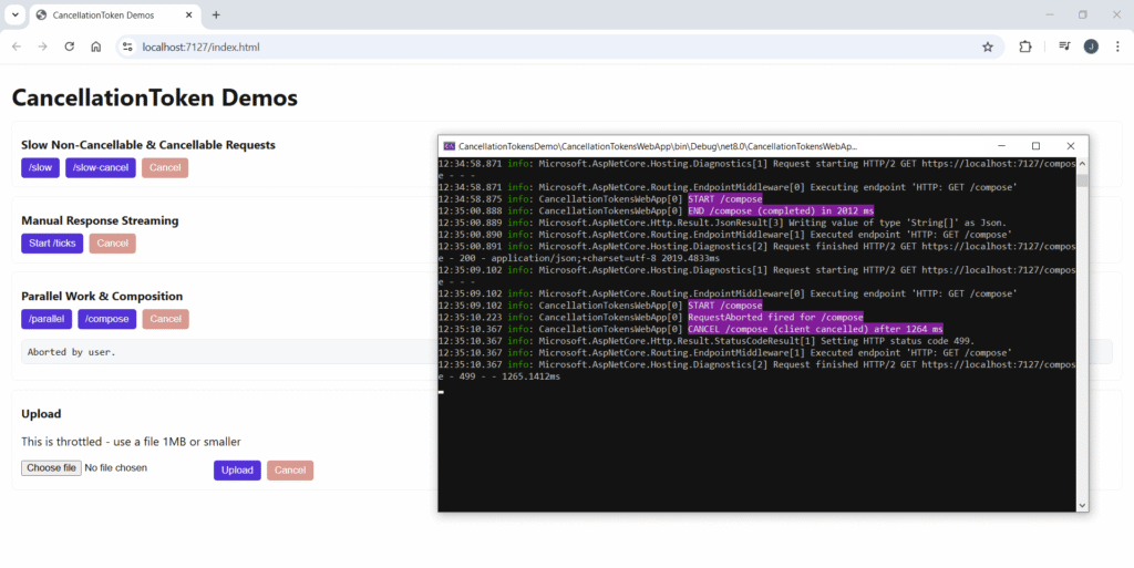 Screenshot of demo webpage and terminal, showing composed tasks. A first requests shows a run to completion and the second with user cancellation, which exits immediately. All tasks are cancelled.