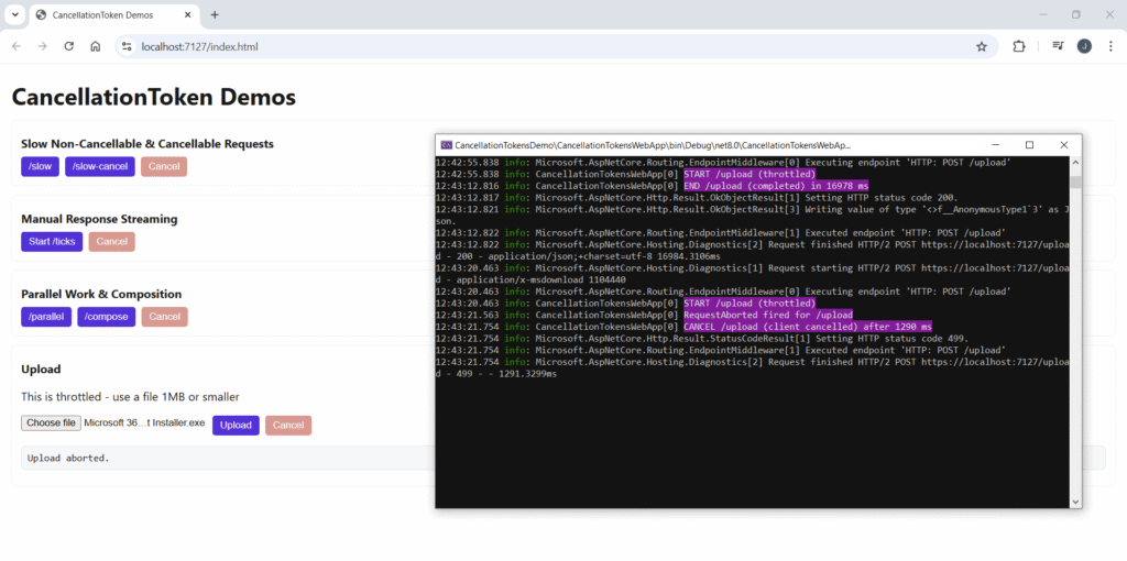 Screenshot of demo webpage and terminal, showing the file upload task. A first requests shows a run to completion and the second with user cancellation, which exits immediately.