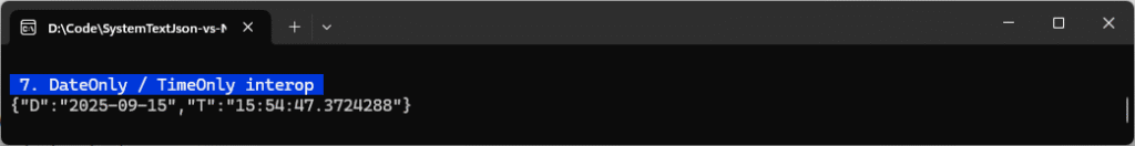 Working with time and date is easy with new helpers in System.Text.Json. A screenshot shows the output of the code.