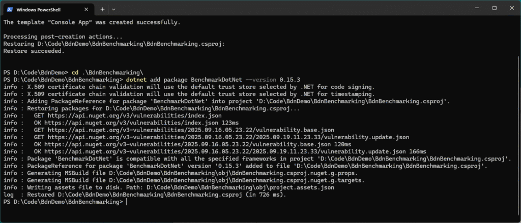 PowerShell window showing BenchmarkDotNet 0.15.3 installed in a new .NET 10 console project using dotnet add package command. Output confirms restore success.
