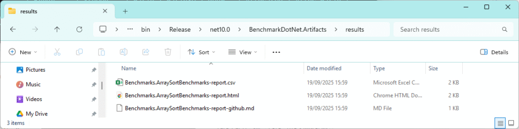 Windows File Explorer showing BenchmarkDotNet.Artifacts results folder with CSV, HTML, and Markdown reports for ArraySortBenchmarks.