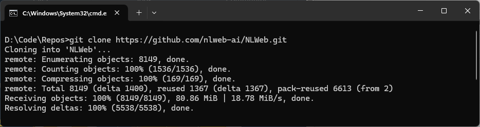 Windows Command Prompt showing a git clone command cloning the NLWeb repository from GitHub for setup in a local AI chat project using NLWeb, Azure AI Search, and Azure AI Foundry.