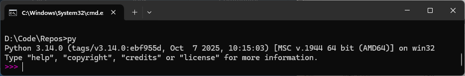 Windows Command Prompt showing Python 3.14 successfully launched, confirming installation for use in a local AI chat project using NLWeb, Azure AI Search, and Azure AI Foundry.