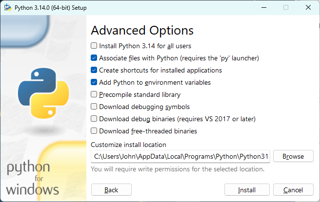 Python 3.14 setup window showing advanced installation options selected, including adding Python to environment variables for configuring a local AI chat project using NLWeb, Azure AI Search, and Azure AI Foundry.