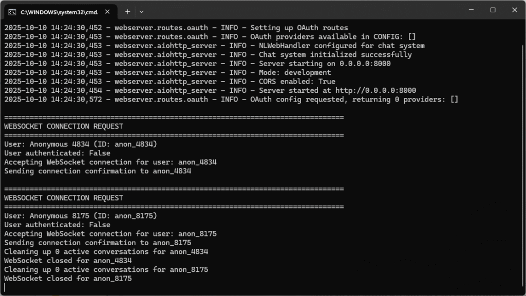 Windows Command Prompt showing NLWeb server startup logs with WebSocket connection requests, confirming the local AI chat system is running and accepting client connections using NLWeb, Azure AI Search, and Azure AI Foundry.
