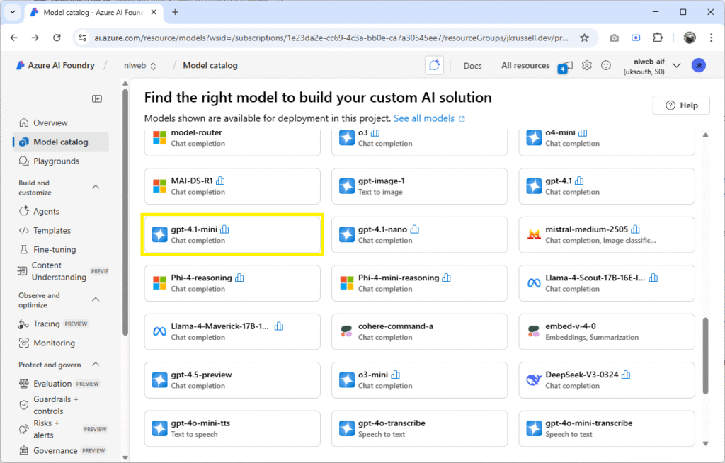 Azure AI Foundry model catalog showing available models for deployment, with GPT-4.1-mini highlighted for use in a local AI chat project using NLWeb, Azure AI Search, and Azure AI Foundry.