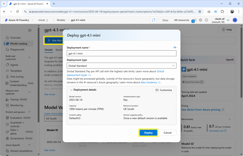 Azure AI Foundry deployment window showing configuration for deploying the gpt-4.1-mini model in UK South for a local AI chat project using NLWeb, Azure AI Search, and Azure AI Foundry.