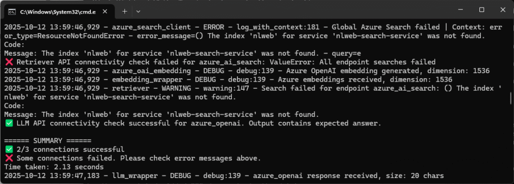Windows Command Prompt showing Azure AI Search connection test results, indicating a missing index for nlweb-search-service while confirming successful Azure OpenAI connectivity for a local AI chat setup using NLWeb, Azure AI Search, and Azure AI Foundry.