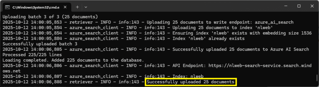 Windows Command Prompt showing successful upload of 25 documents to Azure AI Search, confirming data ingestion completion for a local AI chat project using NLWeb, Azure AI Search, and Azure AI Foundry.