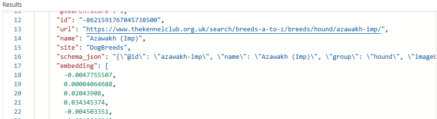 Azure Portal Search Explorer displaying detailed JSON data for an indexed dog breed entry, including URL, name, site, schema, and embedding vector, as part of a local AI chat project using NLWeb, Azure AI Search, and Azure AI Foundry.