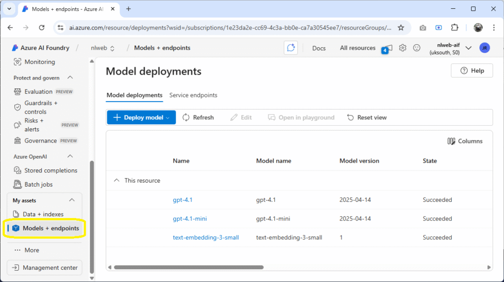 Azure AI Foundry interface showing successfully deployed models including gpt-4.1, gpt-4.1-mini, and text-embedding-3-small for a local AI chat project using NLWeb, Azure AI Search, and Azure AI Foundry.