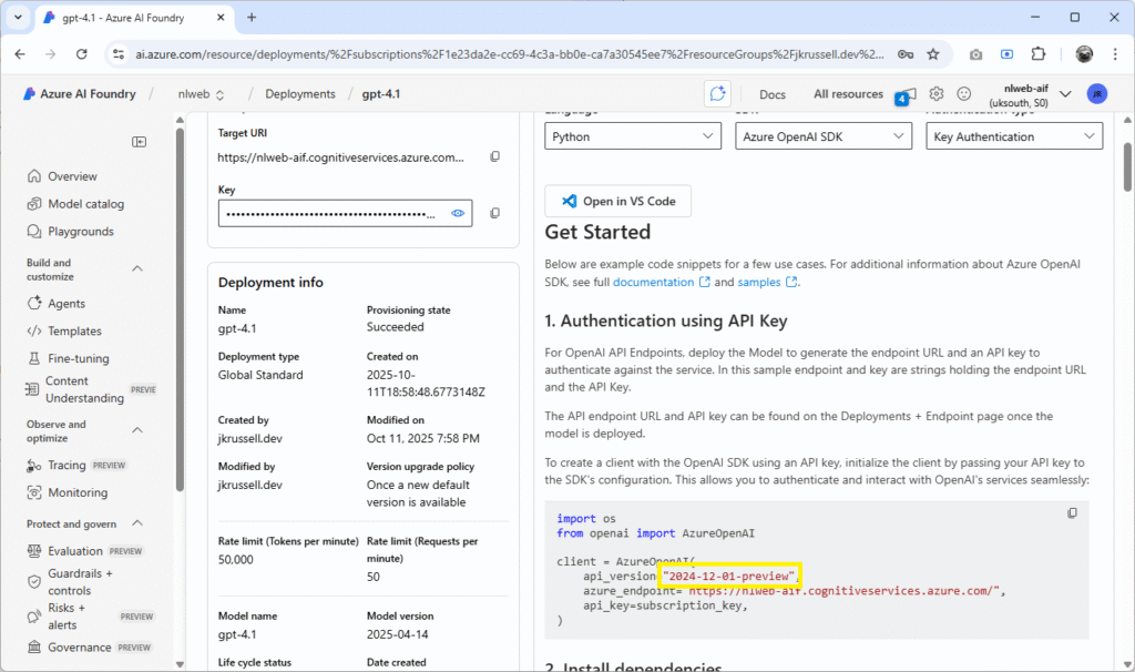 Azure AI Foundry deployment page showing authentication setup for the gpt-4.1 model using an API key and endpoint, as part of configuring a local AI chat project with NLWeb, Azure AI Search, and Azure AI Foundry.