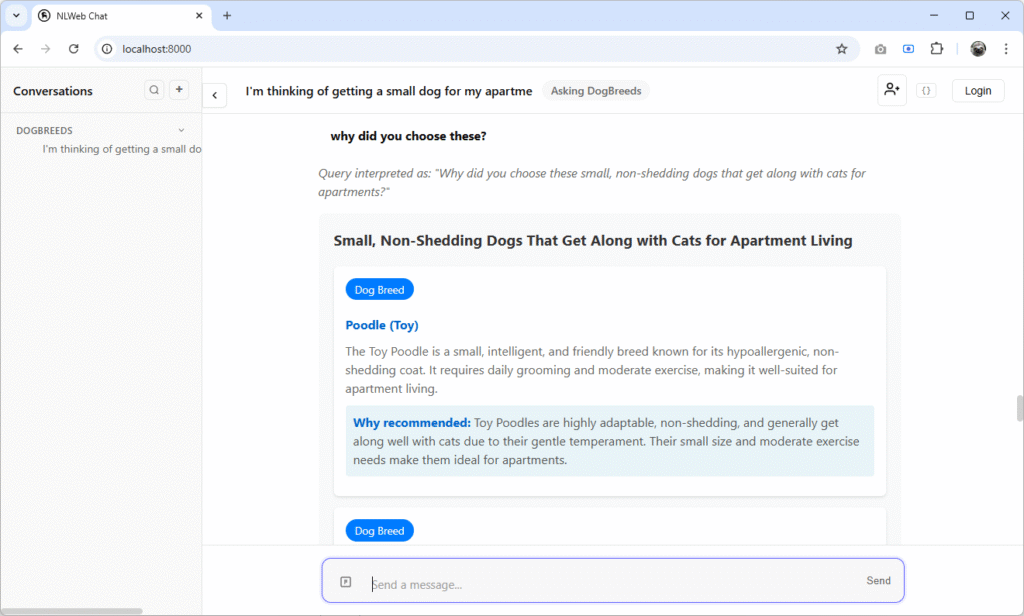 NLWeb Chat interface running locally in a browser showing an AI-generated response about small, non-shedding dogs suitable for apartments, demonstrating a working local AI chat using NLWeb, Azure AI Search, and Azure AI Foundry.