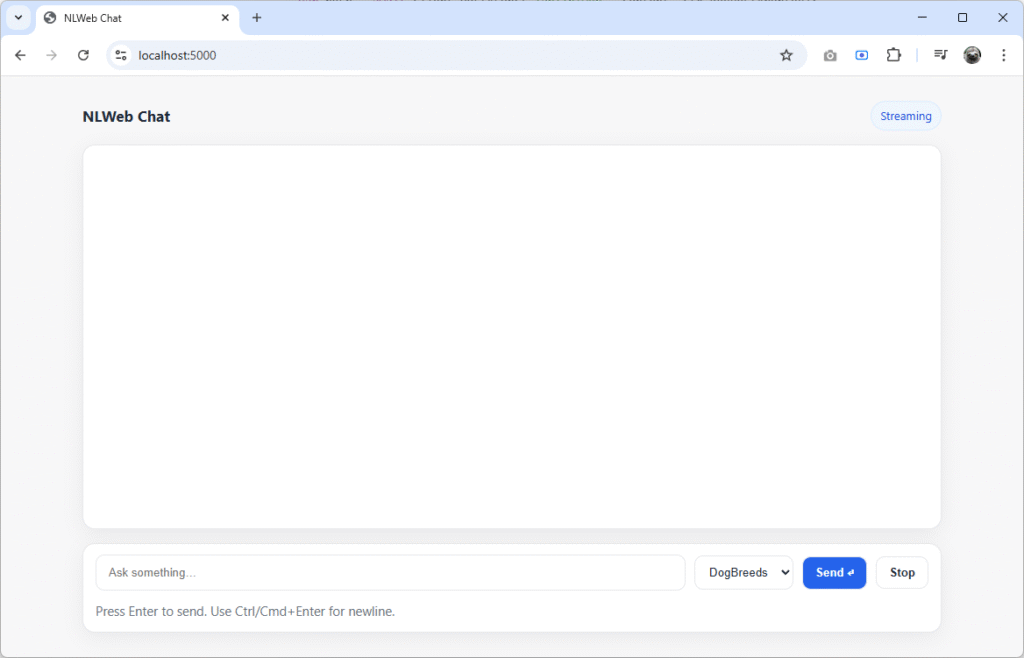 Screenshot of the NLWeb Chat interface running at https://localhost:5000, showing the empty chat window, input box, and streaming status indicator in the top right corner before sending a message through the .NET proxy.