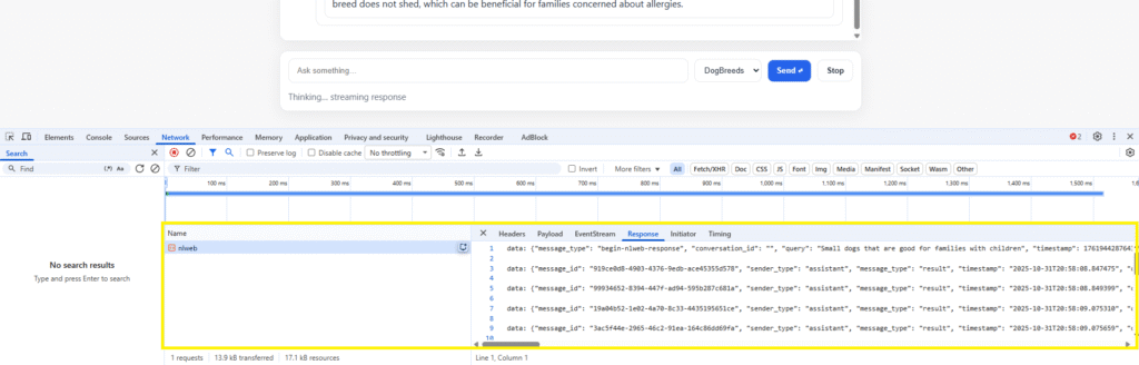 Screenshot of Chrome DevTools Network tab showing a successful streaming response from the NLWeb proxy. The /api/nlweb request is selected, displaying incremental JSON event data with message types and timestamps as the AI model streams results back to the chat interface.
