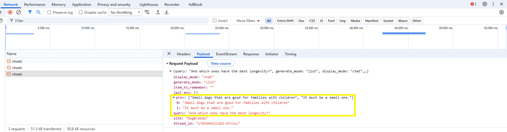 Screenshot of Chrome DevTools Network tab showing the request payload sent to the NLWeb proxy. The highlighted JSON includes the user’s chat history and current query “And which ones have the best longevity?”, demonstrating how the proxy forwards structured conversation data to NLWeb for processing.