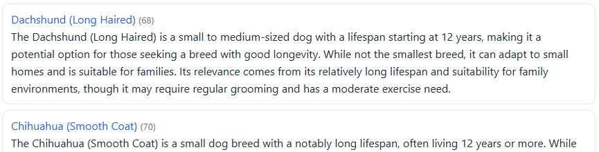Screenshot of the NLWeb chat interface displaying AI-generated responses about dog breeds. The results show detailed summaries for Dachshund (Long Haired) and Chihuahua (Smooth Coat), highlighting breed characteristics, lifespan, and suitability for families.