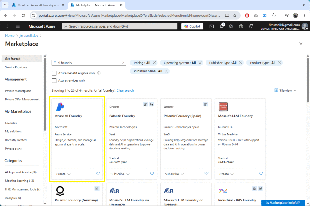 Azure Portal Marketplace showing Azure AI Foundry highlighted for setup in a local AI chat project using NLWeb, Azure AI Search, and Azure AI Foundry.