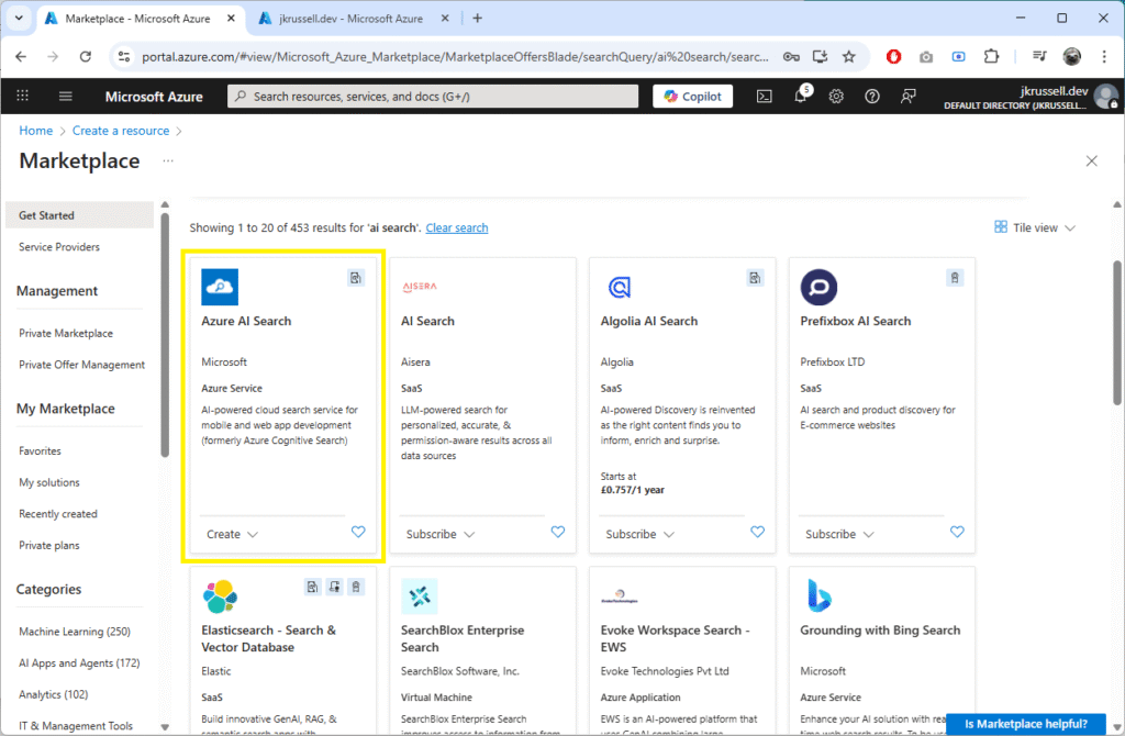 Azure Portal Marketplace showing Azure AI Search highlighted as part of setting up a local AI chat with NLWeb, Azure AI Search, and Azure AI Foundry.