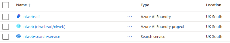Azure Portal resource list showing created services for a local AI chat setup, including NLWeb AI Foundry, AI Foundry project, and Azure AI Search service in UK South.