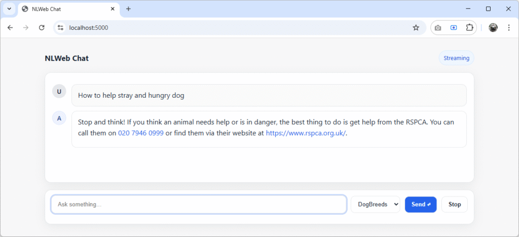 NLWeb Chat example showing RSPCA notice tool response to a user query about helping a stray dog.