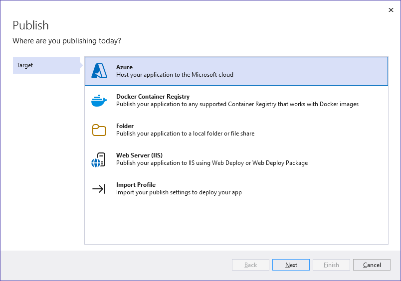 Visual Studio’s Publish wizard showing the target options, with Azure selected as the destination for deployment.
