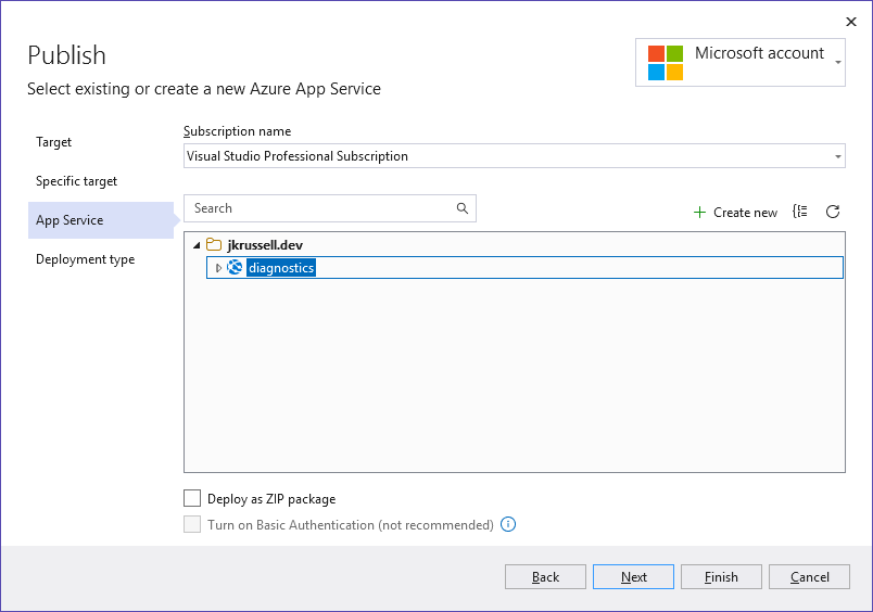 Visual Studio Publish dialog showing the selected Azure App Service named ‘diagnostics’ under the jkrussell.dev subscription.