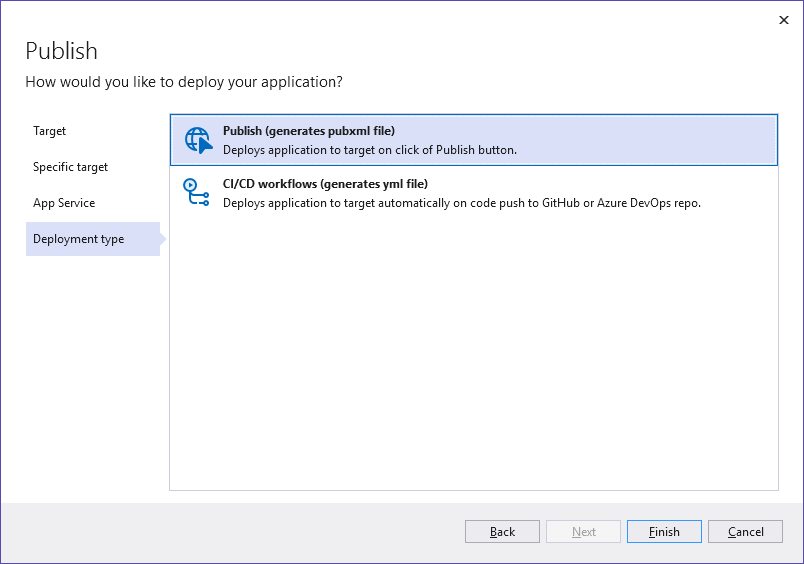 Visual Studio Publish wizard showing deployment type options, with the ‘Publish (generates pubxml file)’ mode selected for deploying to Azure App Service.
