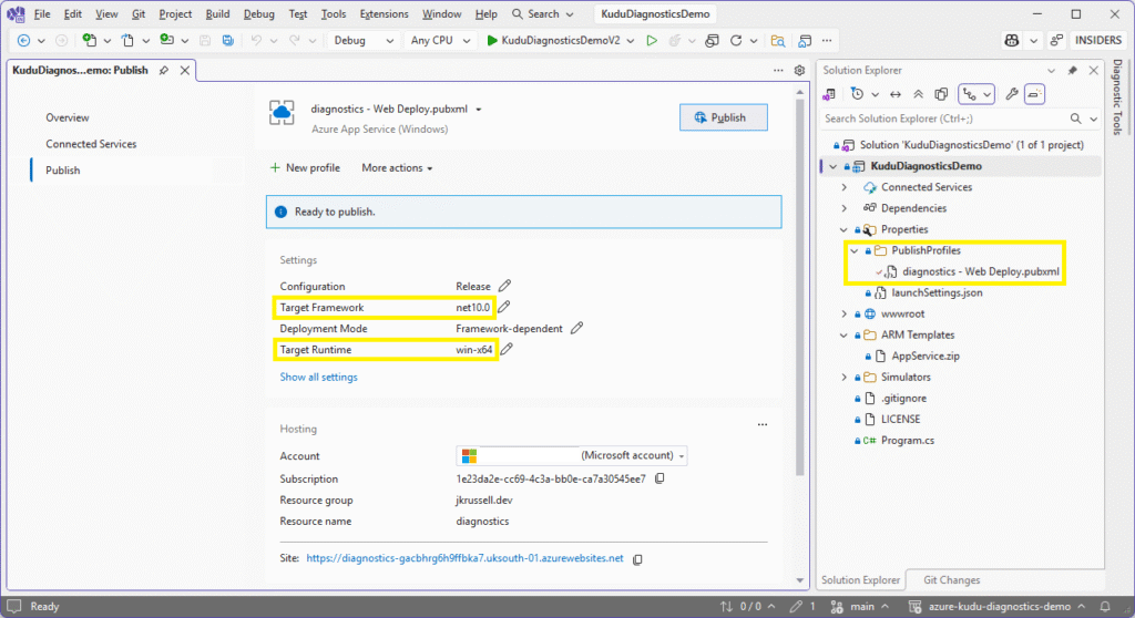 Alt: “Visual Studio Publish profile view for the diagnostics App Service, highlighting the Web Deploy .pubxml file in Solution Explorer and the publish settings showing Target Framework net10.0, Deployment Mode framework-dependent, and Target Runtime win-x64.