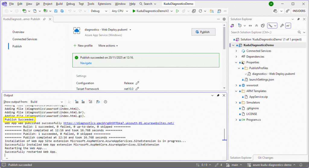Visual Studio showing a successful publish of the diagnostics Web Deploy profile to Azure App Service, with the Output window highlighting 'Publish Succeeded' and the target site URL.