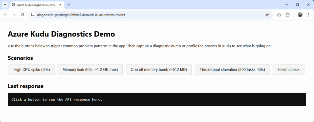 Azure-hosted version of the Kudu Diagnostics Demo showing buttons to trigger CPU spikes, memory leaks, memory bombs and thread pool starvation, with an empty response panel awaiting API output.