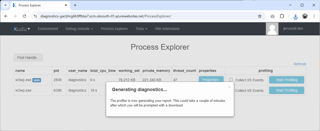 Process Explorer displaying a modal message indicating that Kudu is generating diagnostics for the selected w3wp.exe process, with profiling in progress.