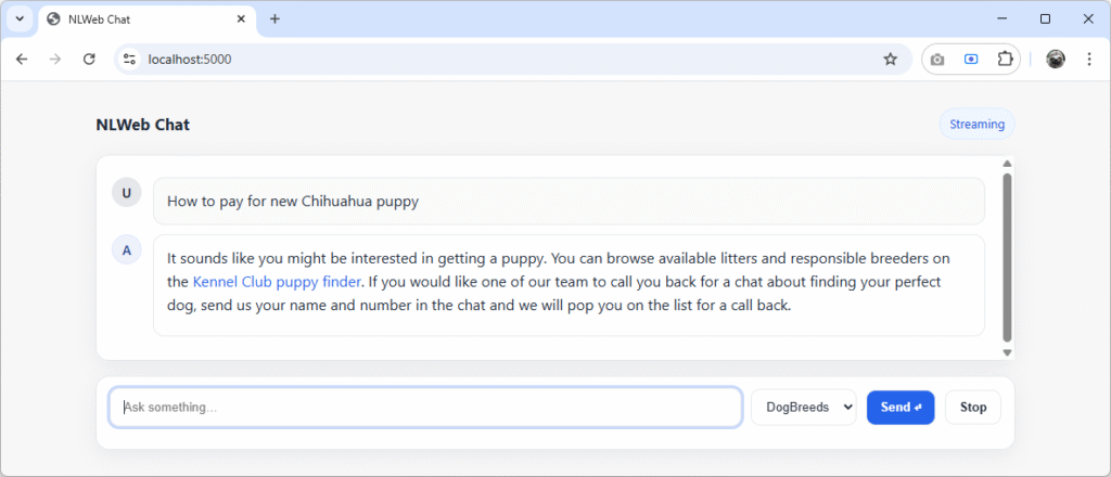 NLWeb Chat showing dog purchase intent tool triggered by a user asking how to pay for a new Chihuahua puppy.