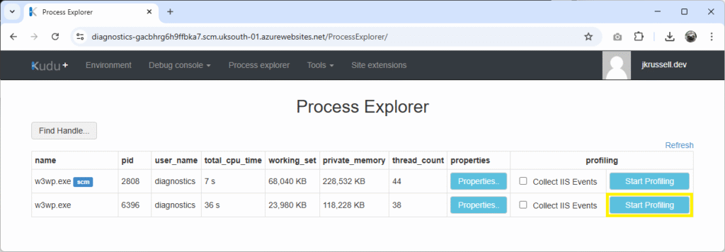 Process Explorer in Kudu showing two w3wp.exe worker processes for the diagnostics App Service, with the Start Profiling button highlighted on the right.