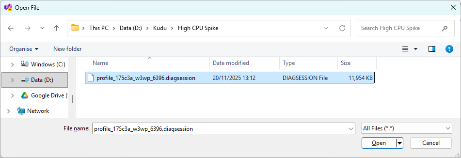 Windows file picker showing a downloaded .diagsession file from Kudu profiling, ready to be opened for high CPU analysis in Visual Studio.