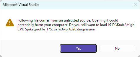 Visual Studio security warning prompting to confirm opening a downloaded .diagsession file from an untrusted external source.