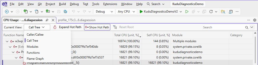 CPU Usage window in Visual Studio showing the analysis view selector, with the Call Tree menu expanded and the Show Hot Path option highlighted during investigation of a Kudu profiling session.