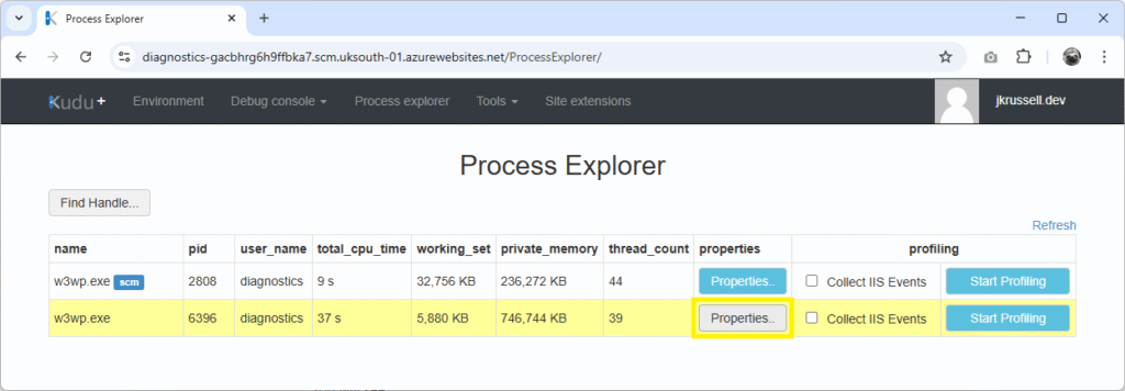 Process Explorer in Kudu showing a w3wp.exe worker with high private memory selected, highlighting the Properties button used to inspect detailed process information before capturing a dump.