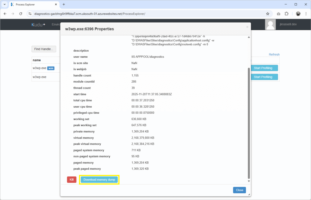 Process Properties dialog in Kudu showing detailed metrics for the selected w3wp.exe worker, with the Download memory dump button highlighted for capturing a full process dump.